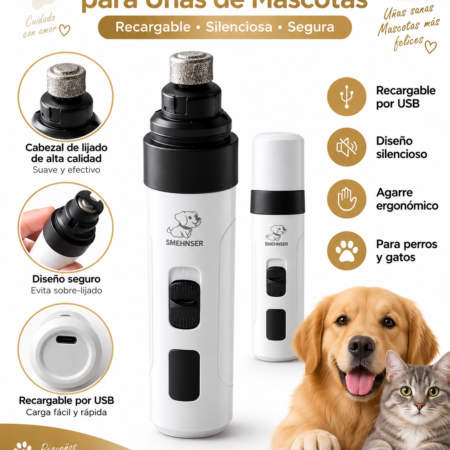 Lima de Uñas Eléctrica para Mascotas – Silenciosa y Recargable USB