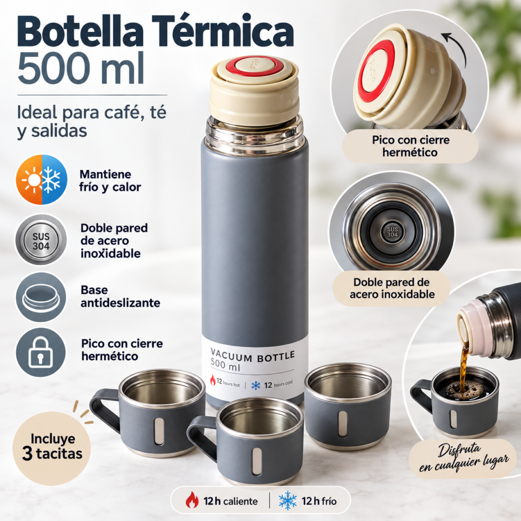 Termo Cafetero de Acero Inoxidable 500ml con Set de 3 Tazas